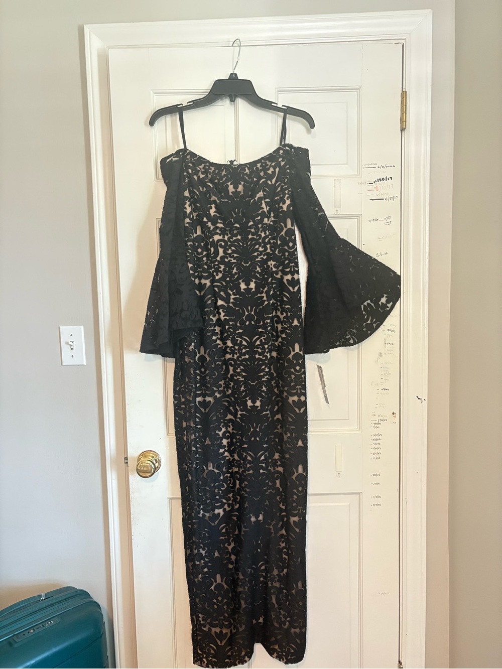 Xscape Black Lace Maxi Dress with Nude Lining and off the shoulder bell sleeves